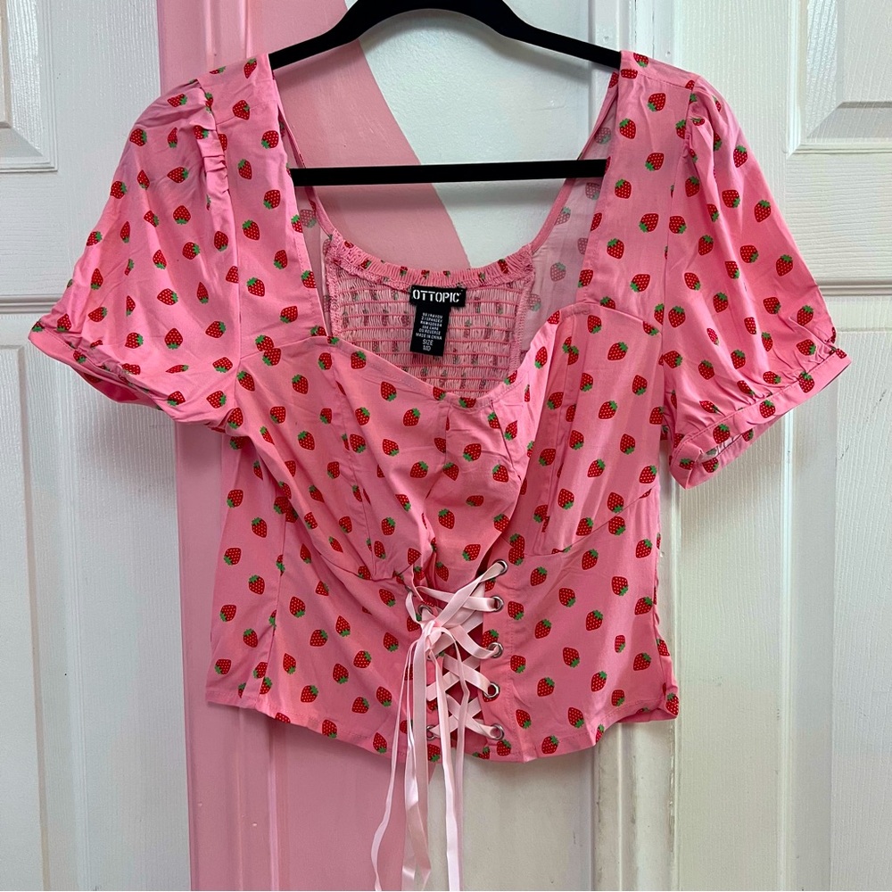 Cottagecore Pink Faux Corset Style Top with Strawberries